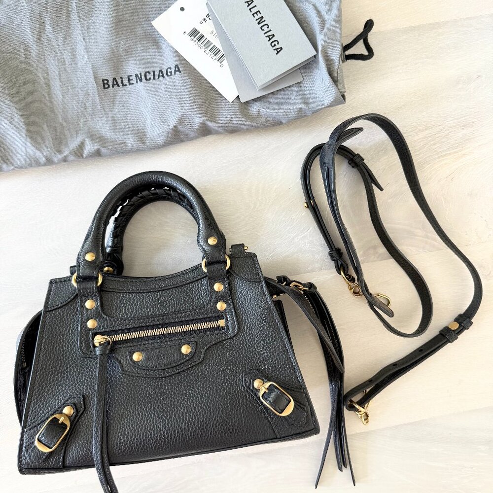 Balenciaga Mini City Bag in Grained Black Calfskin with Gold Hardware